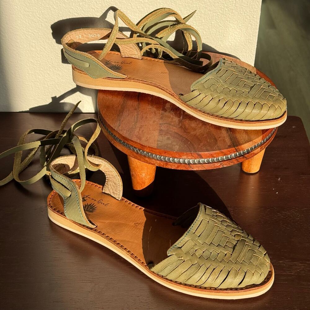 Agave Girl Boutique Handmade Leather Huarache Lace Up Sandals Olive Green US 10